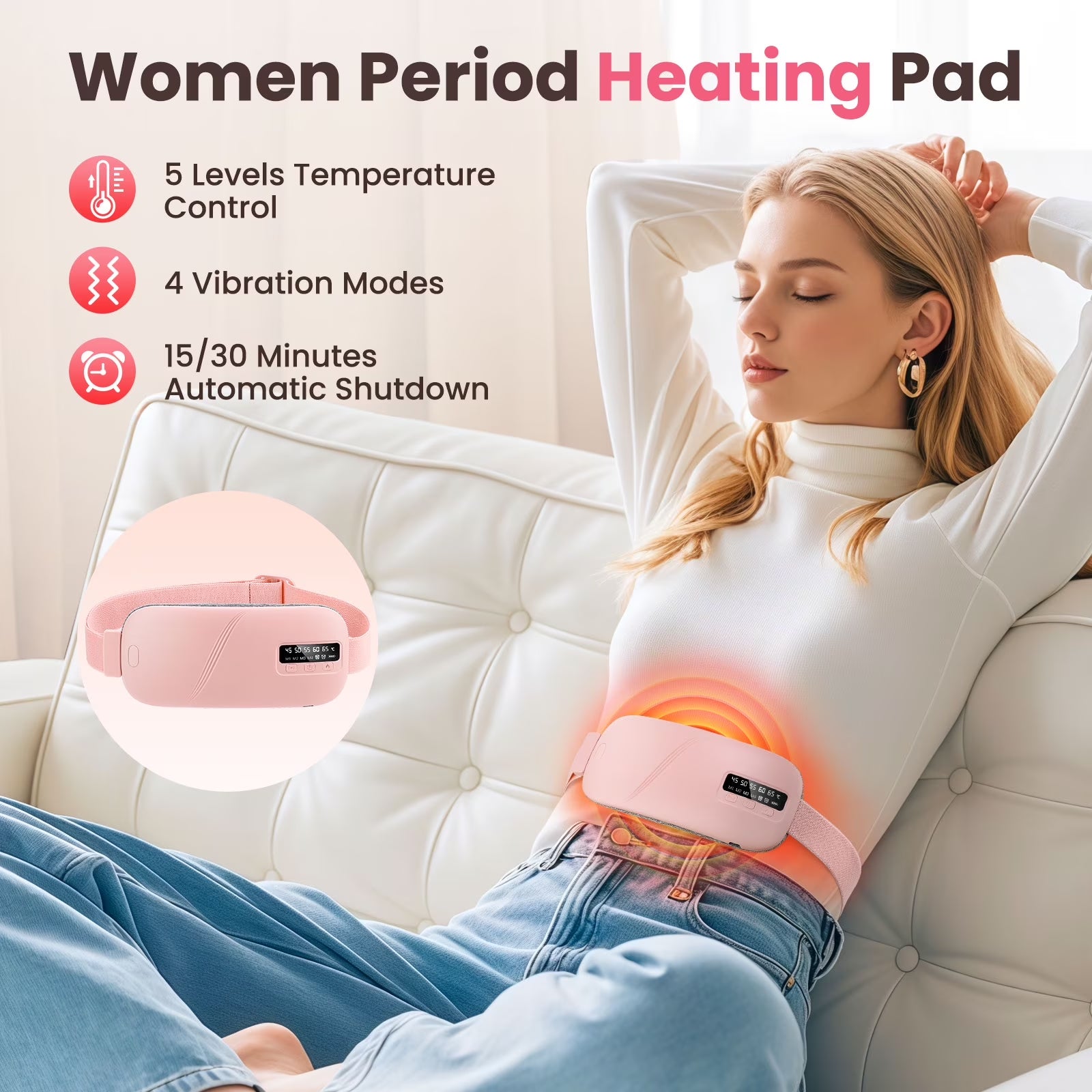 Electric Heating Pad for Period Cramps, Portable Cordless Menstrual Heating Pad with 5 Heat Levels and 4 Massage Modes, Fast Large Heating Belly Wrap Belt, Gifts for Women Girls(Pink)