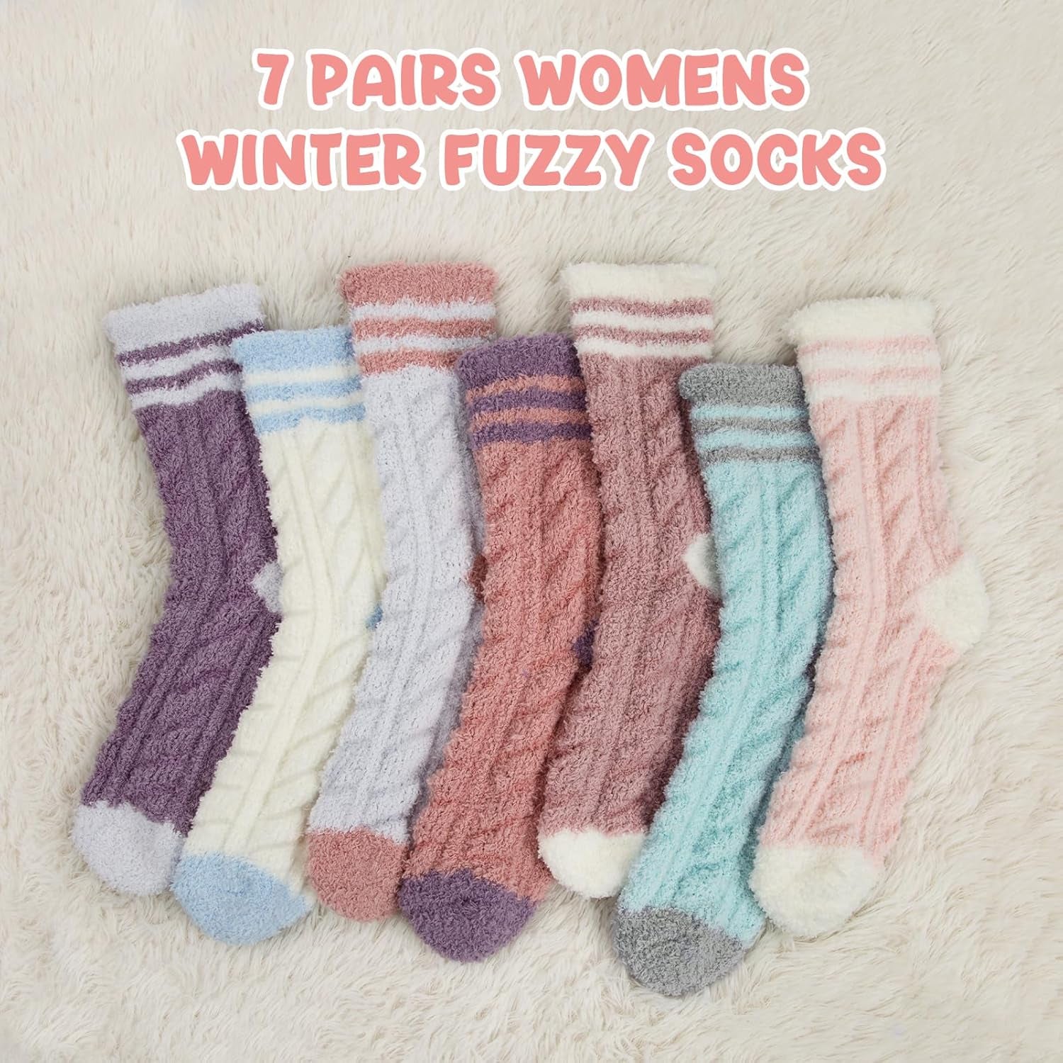 Womens Winter Fuzzy Socks Cozy Fluffy Sock Warm Fuzzy Christmas Socks for Women, Pink Purple Blue White